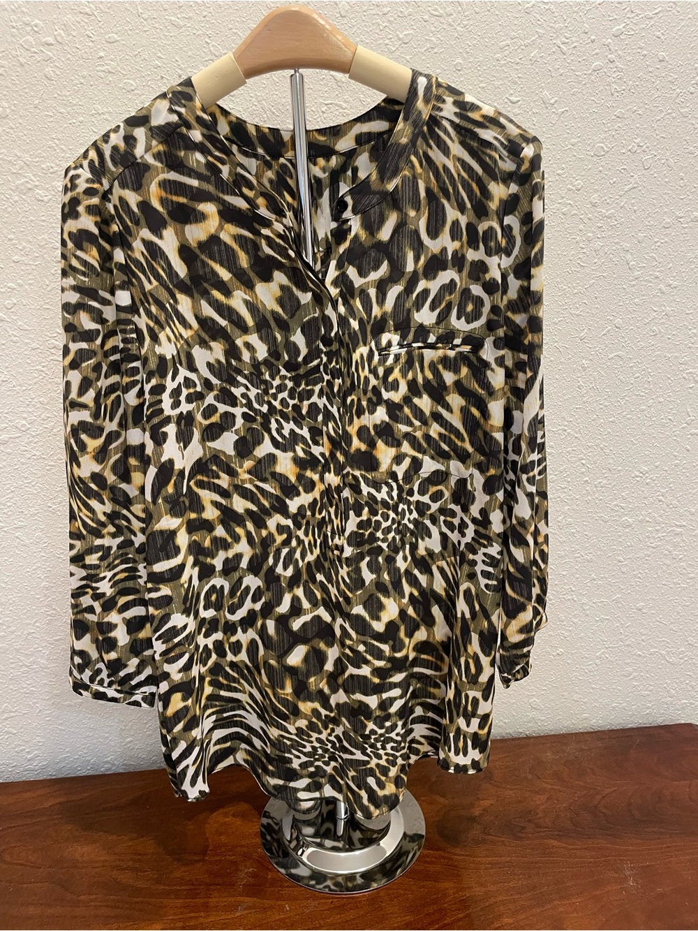 NYDJ Animal Print Long Sleeve Blouse in Black, White & Tan